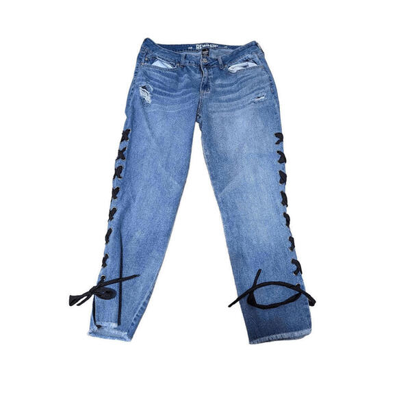 Rewash Denim - Rewash Women's Blue Ribbon Lace-Up Side Straight Distressed Jeans Size 15R